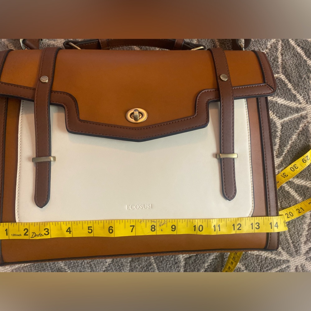Brown and White Vegan Leather Laptop Bag - Picture 14 of 16